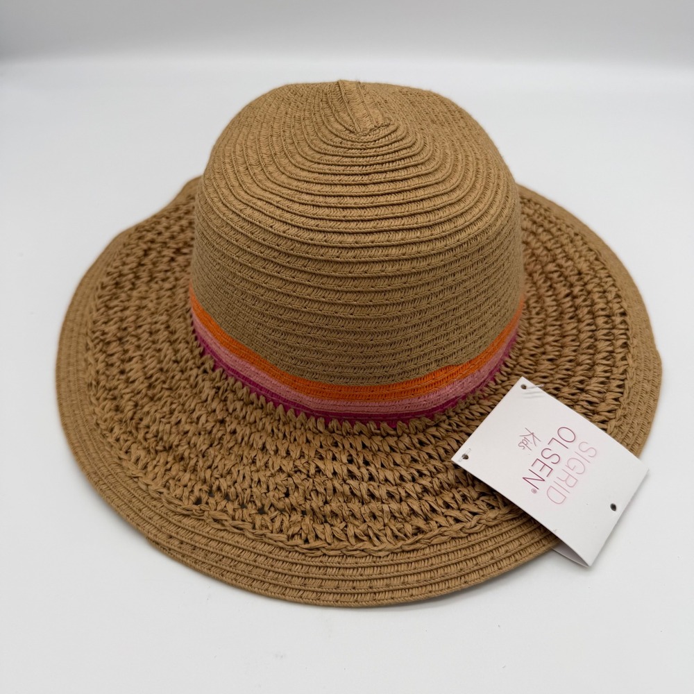 Sigrid Olsen Kids Straw Sun Hat‎ Tan Pink Striped Band Floppy Wide Brim NWT